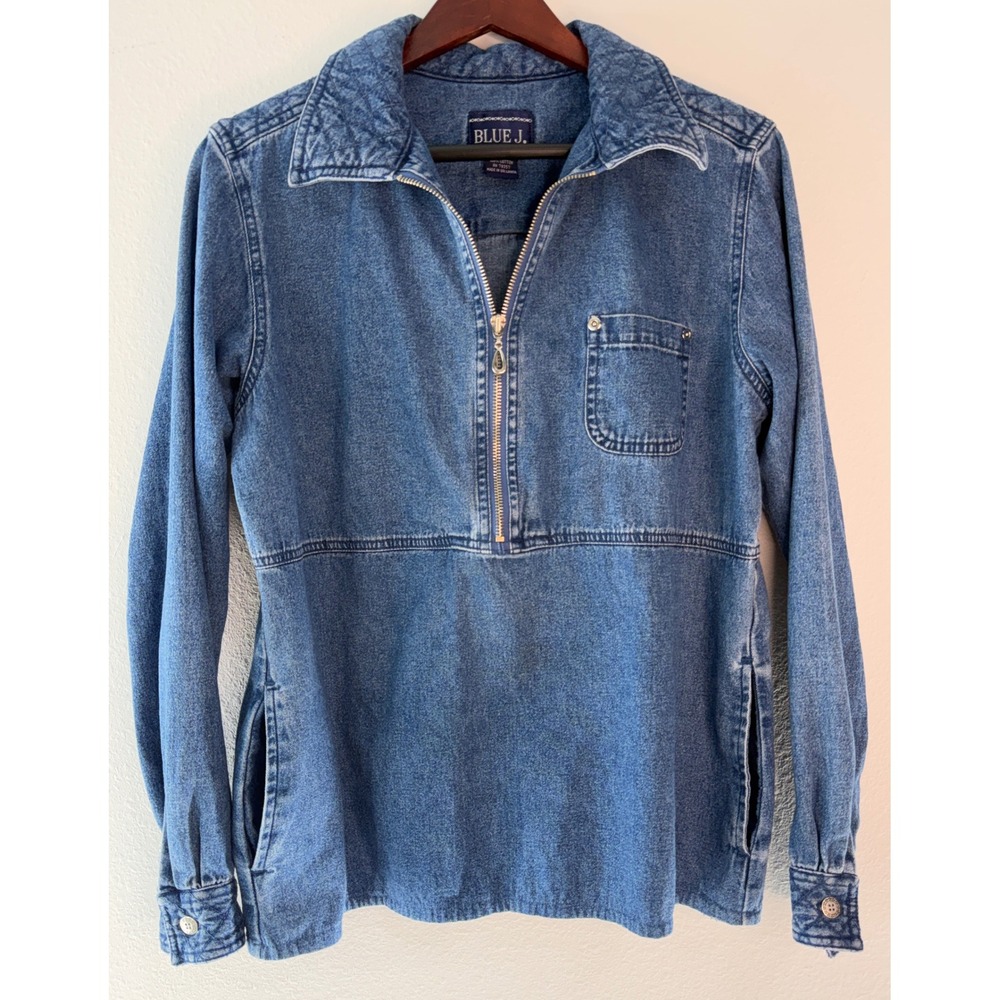 Vintage 90s Blue J Denim Pullover Top Cotton Blue Quilted Minimalist CottageCore